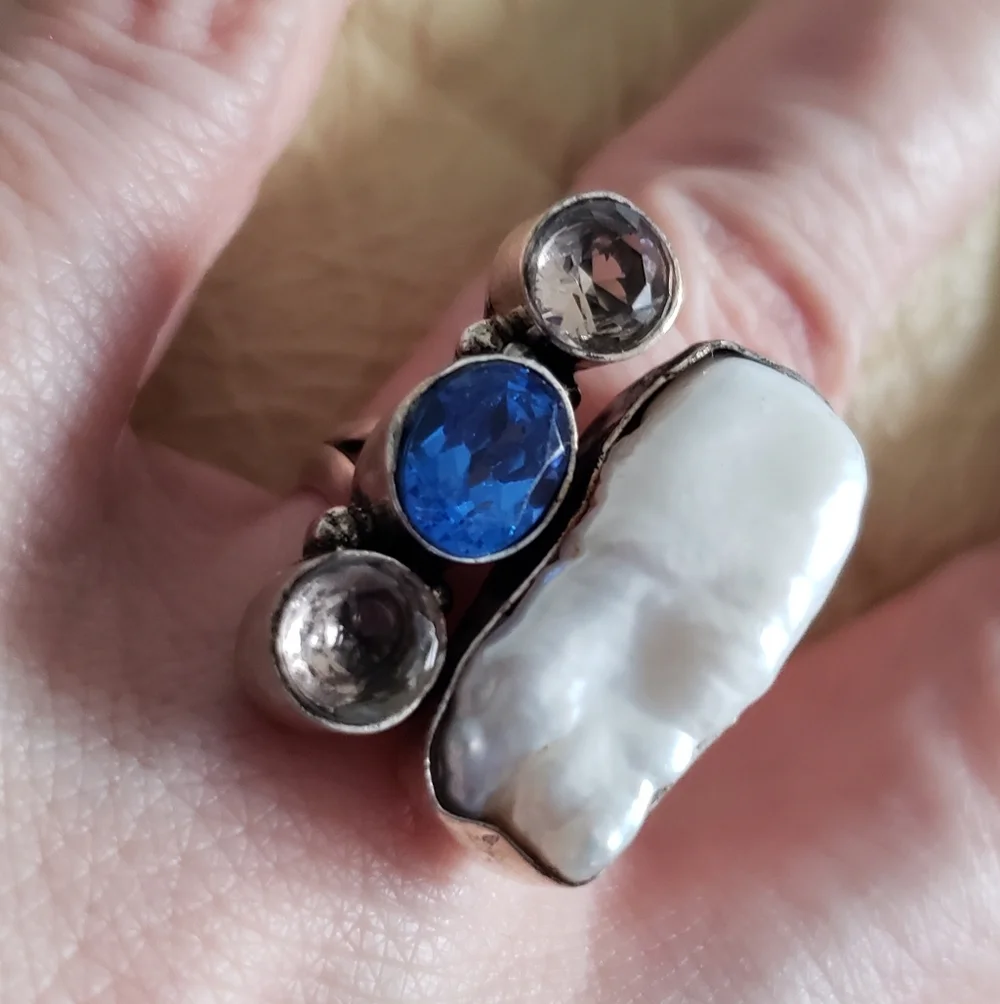 NWOT,Natural Pearl, Mixed Gemstone & Silver Artsy Ring, SZ 8.5, Handmade,Unusual